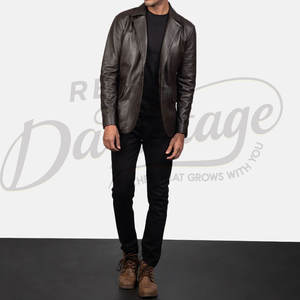 Blazer homme en cuir véritable marron foncé, coupe slim, deux boutons, veste de costume décontractée avec poche plaquée - Product Image 4