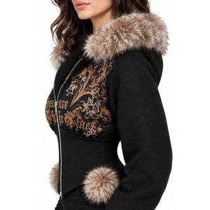 Women's <b>Black</b> Hooded Zip-Up <b>Jacket</b> With Faux Fur Collar And Pom Poms Embossed Letter Design Winter Wear Hoodies - Product Image 5