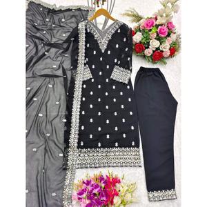Designer Georgette Embroidery Sequence <b>Lace</b> Work <b>Top</b> Bottom and Dupatta in <b>Black</b> XXL Size - Product Image 2