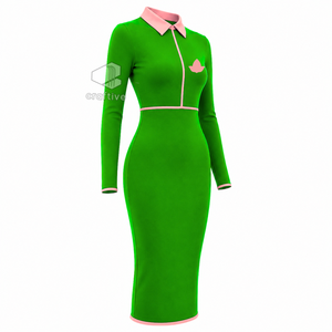 Alpha |   Kapa |   Robe moulante mi-longue verte Alpha pour femme avec col polo rose contrastant, fermeture éclair quart de tour, manches longues, coupe ajustée, style décontracté - Product Image 2
