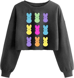 Sweat-shirt court à motif lapin amusant pour femme, pull à manches longues pour le printemps et Pâques, haut de fête - Product Image 4