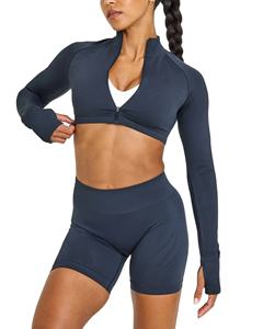 Veste de yoga pour femme haut de gamme, coupe ajustée, entièrement zippée, col montant, avec passe-pouces, respirante, pour le voyage et la course, effet ventre plat - Product Image 1