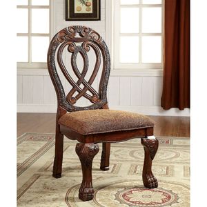 Maestoso tradizionale in legno massello ciliegio sedie da pranzo formali intricati dettagli intagliati con tessuto Set di 2 sedie laterali - Product Image 1