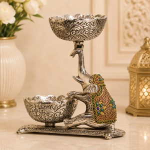 Porte-bougie décoratif en métal plaqué argent fait main, en forme d'éléphant, avec double bol, centre de table Urli, pièce maîtresse, figurine - Product Image 4