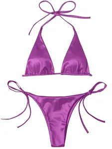 Ensemble bikini sexy pour femme, haut triangle à nouer, bas string, deux pièces, couleur unie, extensible, séchage rapide, plissé, maillot de bain pour vacances à la plage - Product Image 4