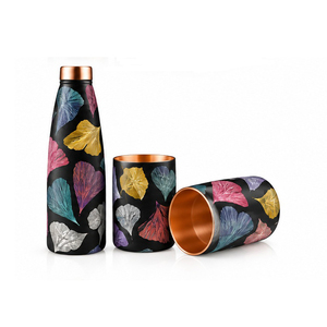 Floral Pattern <b>Stainless</b> <b>Steel</b> <b>Water</b> <b>Bottle</b> Set with Copper Lids Double Wall Travel Drinkware Blue Design - Product Image 4