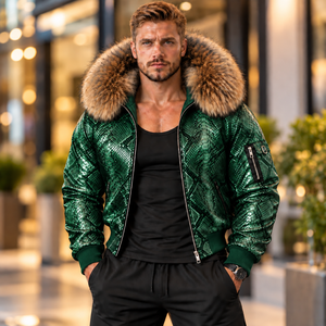 <b>Men's</b> High Quality Embossed Python Leather Breathable <b>Summer</b> Casual <b>Bomber</b> <b>Jacket</b> | Herren Lederjacke | Chaqueta Hombre Cuero - Product Image 1