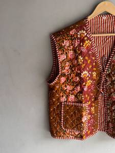 Floral <b>Quilted</b> Cotton Bomber <b>Jacket</b> Reversible Striped <b>Pattern</b> Short Sleeve Eco-Friendly Belt Closure for Women Spring GIFT for - Product Image 4