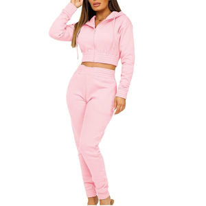 Women Pink <b>Cropped</b> Hoodie <b>Jogger</b> Pants Tracksuit Set Casual Athletic Sportswear Workout Outfit Full Length Solid Color - Product Image 2