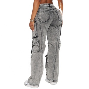 Jean cargo taille haute pour femme grande taille, coupe ample, longueur intégrale, en coton délavé, style décontracté avec plusieurs poches - Product Image 3