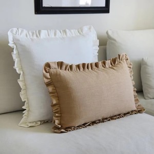 Housse de coussin en lin à bords festonnés, couleur unie, rectangulaire, pour canapé de salon - Product Image 1