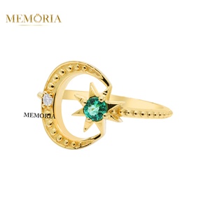 Classic Emerald Diamond Bezel Setting Wedding <b>Ring</b> Crescent <b>Moon</b> Star Shape Vintage 18k Yellow Gold Beaded Band Women's Jewelry - Product Image 4