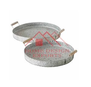 Plateau de service alimentaire en métal, best-seller, avec poignée en bois, forme ronde - Product Image 1