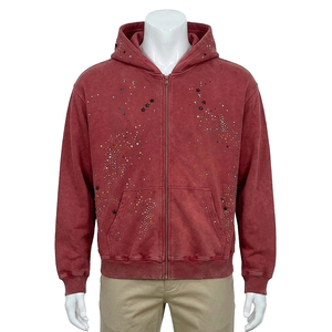 Sweat-shirt à capuche en polaire rouge avec strass pour homme, coupe classique, couleur unie, vêtement décontracté pour l'automne, sweat-shirt à strass pour homme - Product Image 6