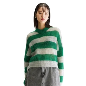 Pull en mohair rayé vert et blanc pour femme, col rond, manches longues, pull d'hiver décontracté, tricot épais - Product Image 1