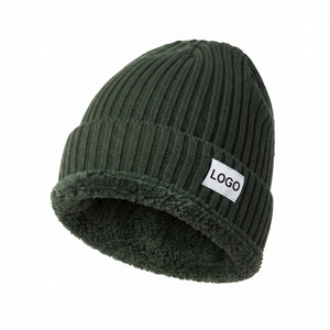 High Quality Unisex Beanie Warm <b>Sherpa</b> Fleece Lined Rib Knit Winter Wear <b>Hat</b> Custom Logo Wholesale Manufacture - Product Image 1