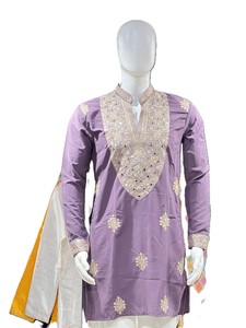Women's Purple Embroidered <b>Kurta</b> Traditional Indian Pakistani Wedding Wear Regular Fit Midi Length Silk Top - Product Image 4