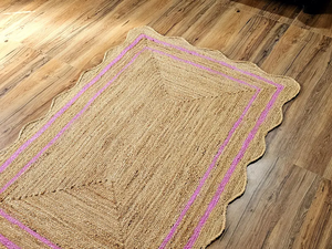Handwoven Jute Area Rug With Pink Border Scalloped Edge Natural Fiber Floor Rug Home Decor Rug - Product Image 1