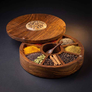 Hand Turned Wooden Spice <b>Box</b> with Brass Inlays | Masala Dabba Kitchen Storage Organiser - Product Image 3