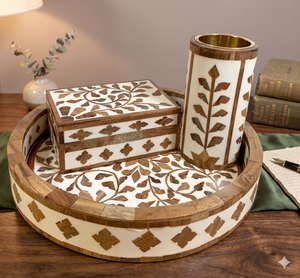 Wood Tray Box Burner Premium Quality Bone Inlay Tray <b>Set</b> With Box and Burner Incense Bakhoor <b>Colour</b> Bone Mubkhar <b>Set</b> - Product Image 1