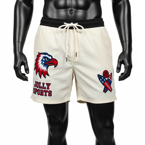 Shorts de baño para hombre de microfibra de poliéster de 150 GSM, color beige, de secado rápido, con cintura elástica y logotipo bordado personalizado. - Product Image 1