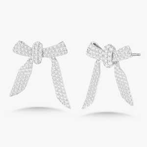 Boucles d'oreilles clous nœud ruban diamant en or massif 14K 18K, serties de diamants de laboratoire taille ronde pavé, fermoir poussoir, bijoux de luxe mobiles et élégants - Product Image 3