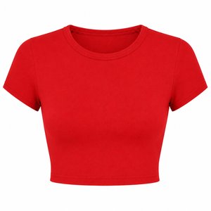 Women's <b>Red</b> <b>Crop</b> <b>Top</b> Short Sleeve O-Neck Solid Knitted Casual T-Shirt Spring Summer Fit - Product Image 1