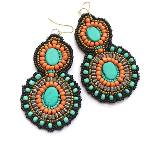 Pendientes Artesanales Bordados con Cuentas de Semillas, Tema Floral, Forma Ovalada, Multicolor, India - Product Image 4