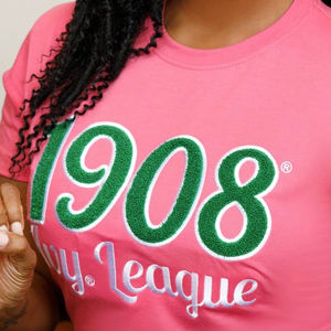 Camiseta de chenilla Ivy League 1908, rosa y verde, ropa de hermandad, letras bordadas, algodón, estilo universitario griego, camiseta para mujer - Product Image 6