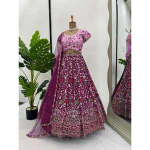 ด้ายจอร์เจียเจ็ตแฟชั่นลำดับทำงาน lehenga choli กับไวน์ dupatta - Product Image 1