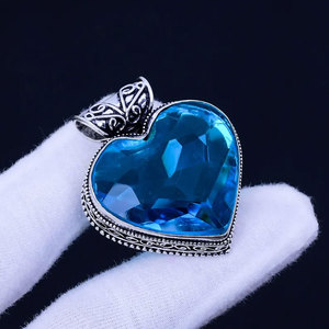 Collar de Plata de Ley 925 Hecho a Mano con Colgante de Corazón de Piedra Preciosa Azul Cielo, Collar Grande con Gema de Agua, Joyería al por Mayor - Product Image 3
