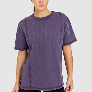 T-shirt en coton à manches courtes et col rond pour femme, coupe ample, couleur unie, décontracté, basique, violet, jersey - Product Image 1