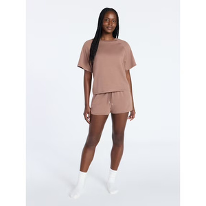 Ensemble short 2 pièces en tricot marron pour femme, col rond, manches courtes, coupe ample, décontracté, toutes saisons - Product Image 4