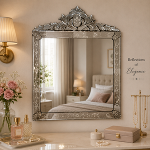 Espejo Rectangular Veneciano de Lujo con Adorno de Corona en la Parte Superior y Marco de Vidrio Grabado, Espejo Decorativo de Pared Antiguo para el Hogar - Product Image 5