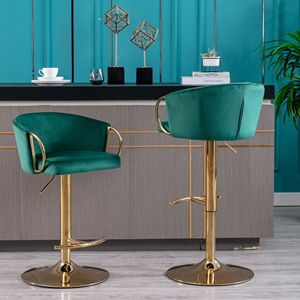 Ensemble de 2 tabourets de bar verts repose-pieds chromés hauteur pivotante réglable levage mécanique velours Simple velours + tabouret de bar jambe dorée - Product Image 2