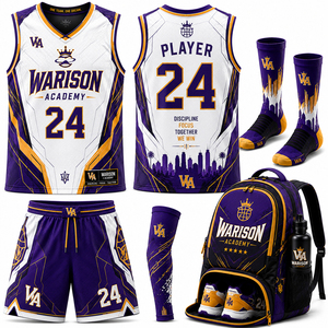 Custom White Purple Gold Basketball Uniform Set With Compression Sleeve Socks Backpack & Water Bottle Basketball Uniform Kit - Product Image 1