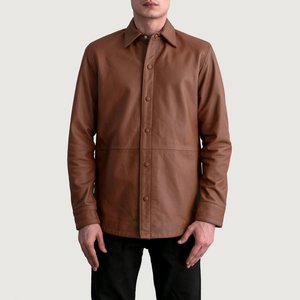 Relevo Industries <b>Men's</b> <b>Brown</b> <b>Leather</b> Shirt <b>Jacket</b> Turn-down Collar Regular Fit Workwear Style Autumn Wear For <b>Men</b> - Product Image 3
