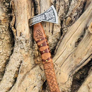 Decorative Industrial Viking <b>Axe</b> Carved Nordic Head Natural <b>Wood</b> Handle Carbon Steel Blade Traditional Norse Craftsmanship for - Product Image 5