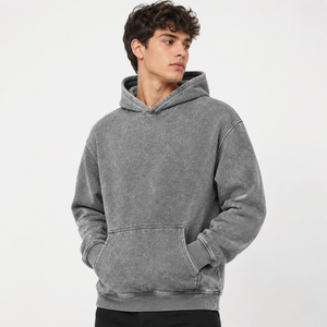 Sweat à capuche oversize en molleton délavé gris uni pour homme, coupe décontractée, en coton tricoté, idéal pour l'automne - Product Image 1