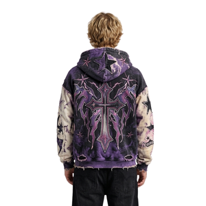 Savage Heavy Dense Fleece Fabric <b>Hoodie</b> Acid Wash Distressed Star Print Vintage Drop Shoulder Loose Urban Sweatshirts Hoodies - Product Image 2