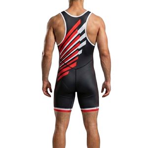 Combinaison de lutte sublimée imprimée en gros, noir et rouge, motif graphique épuré, tenue de compétition en spandex, vêtement de sport haut de gamme - Product Image 2