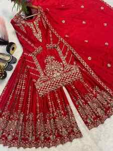 DESIGNER CHINON EMBROIDERY CODING SEQUENCE WORK TOP PALAZZO WITH DUPATTA <b>RED</b> 75254 - Product Image 2