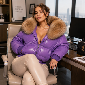 Veste matelassée en cuir véritable pour femme avec capuche en fourrure de renard, fermeture éclair à carreaux, vêtements d'extérieur chauds pour l'hiver - Manteaux de luxe S-XXL - Product Image 4