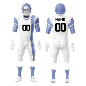 Custom American Football Uniform Set White Blue Striped Sublimated Jersey Pants Gloves <b>Socks</b> Men Adult All Seasons Moisture Wic - Product Image 1