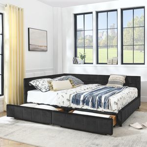 Cadre de lit capitonné Queen Size avec rangement, dossier et accoudoirs confortables, lit Queen Size rembourré avec revêtement durable - Product Image 1