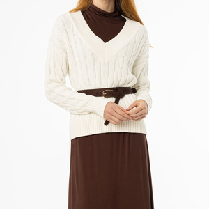 Pull en tricot torsadé à col en V pour femme, 100% laine, manches longues, épais, décontracté, coupe classique, couleur unie, tricoté à la main - Product Image 6