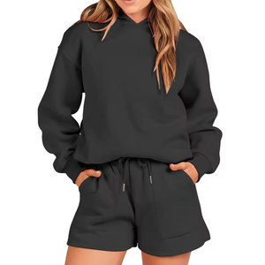 Conjunto de Sudadera con Capucha y Pantalones Cortos para Mujer, Diseño Moderno 2026, Transpirable, Invernal, con Cierre de Cordón, Estilo Casual, Color Sólido, 100% Algodón, Ligero - Product Image 1
