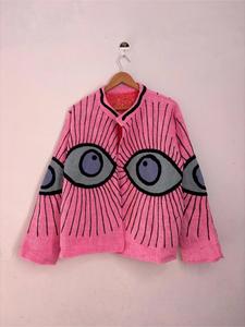 เสื้อแจ็คเก็ตผ้าฝ้ายปักลายซูซานีสีชมพูสไตล์โบฮีเมียน พร้อมลายตาปีศาจ แขนยาว คอตั้ง ทำมือ เสื้อคลุมสำหรับฤดูใบไม้ร่วง - Product Image 2