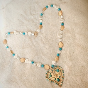 Collier long fait main vintage en forme de cœur avec perles de turquoise verte et pierres naturelles, pendentif chaîne de pull - Product Image 5