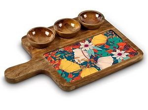 Handcrafted Mango Wood Rectangular Serving Platter with 3 Bowl Set for Starters Handles Serving Decor Dessert Serving <b>Tray</b> - Product Image 3